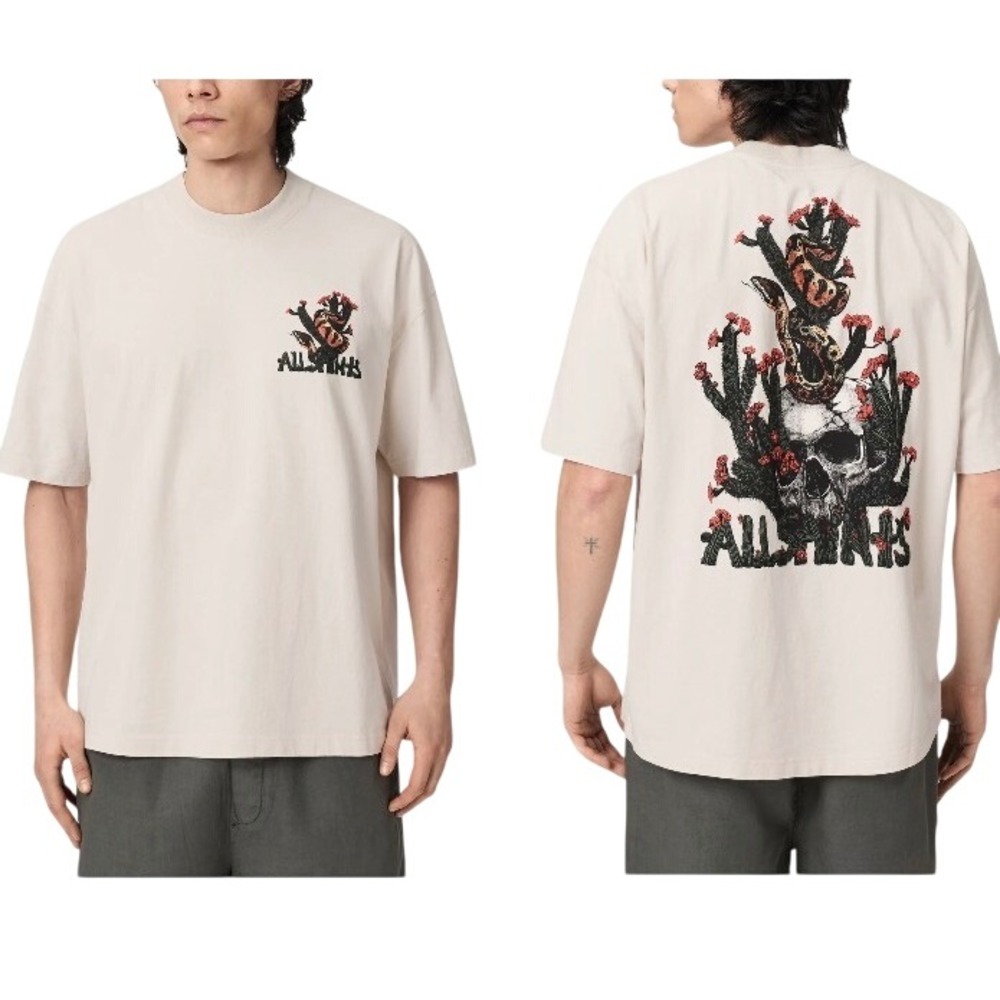 AllSaints Cacti SS Crew T-Shirt Mens L Sand Skull Snake Graphic Oversized Fit